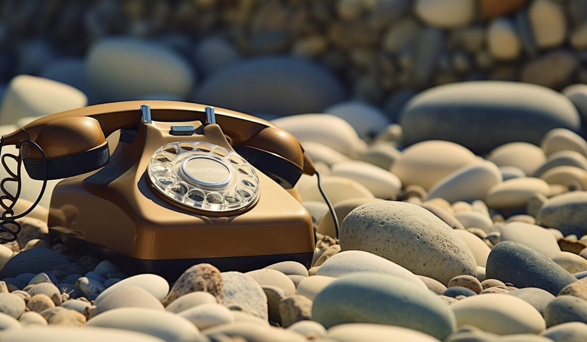 A photo of an oldfashioned telephone on a bed of pebble